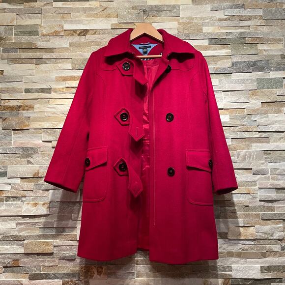 Tommy Hilfiger 4 Wool Toggle Coat | Scarlet Red Removable Hood Holiday Jacket - Picture 3 of 11
